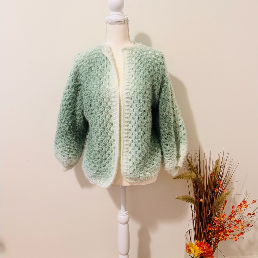 Chic Green and White Crochet Cardigan